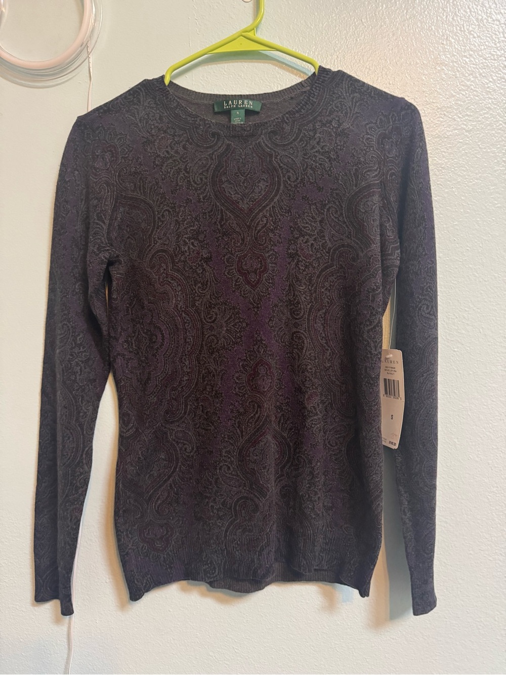Vintage Lauren Ralph Lauren Long Sleeve Paisley Knit Top - Black and Purple